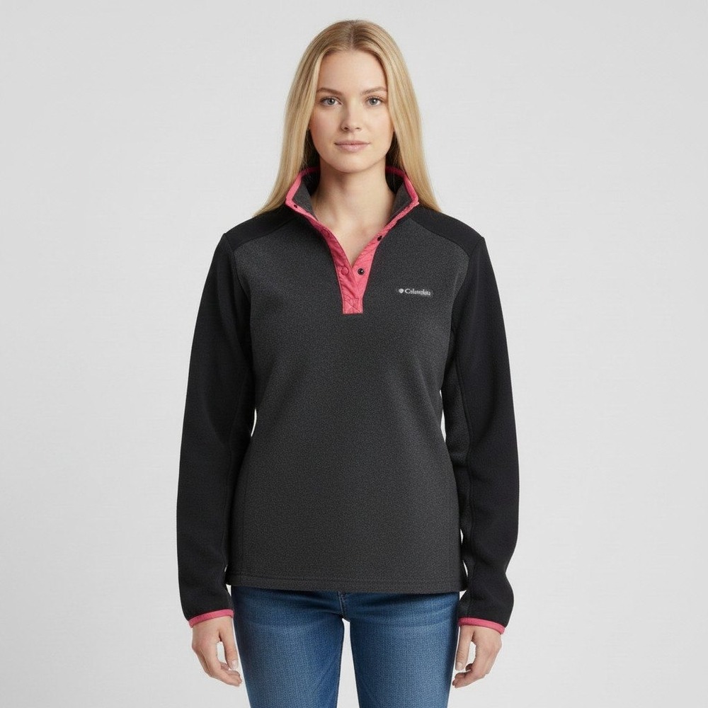 Columbia Womens Fleece Pullover Snap Button Charcoal Black Pink Large